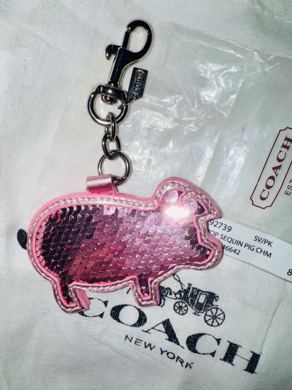 Coach Poppy Pig Bag Charm Keychain with Silver Hardware Pink Sequin - New in Bag - Picture 2 of 15